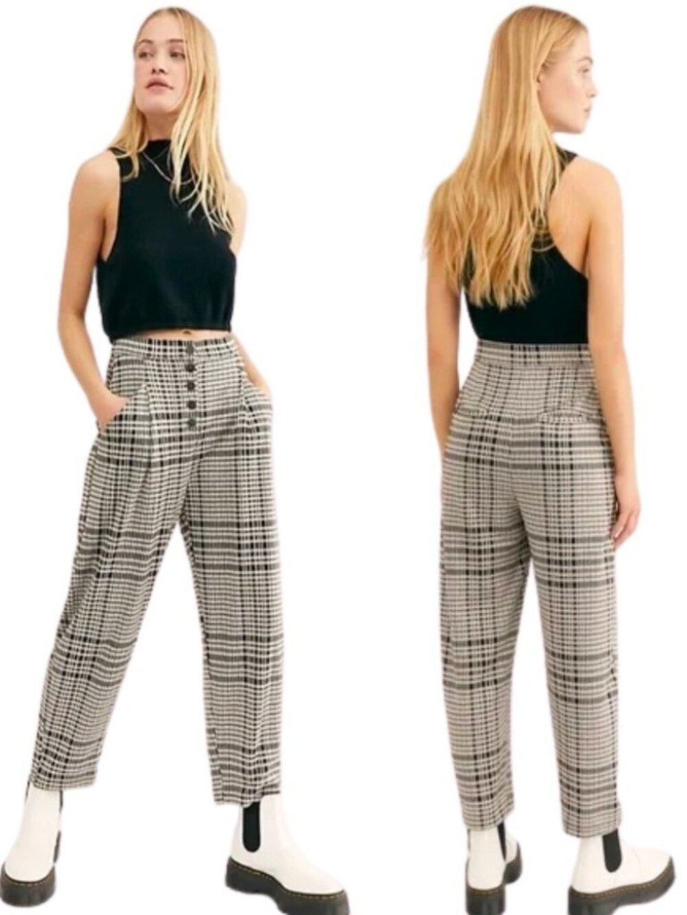 Free People Pant Black Brown Posey Plaid High Waisted Pleated Knit Small S